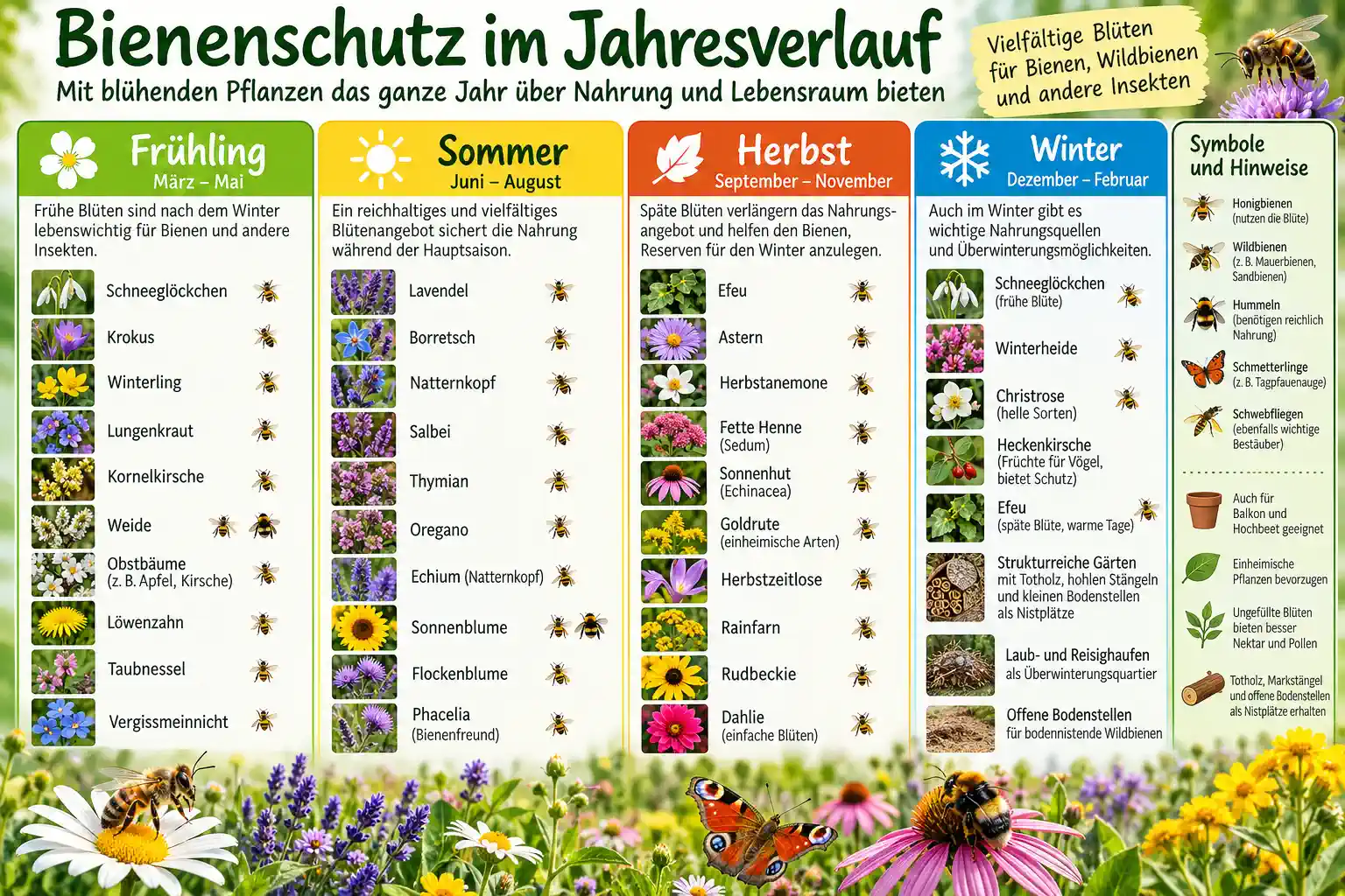 Jede Jahreszeit bietet Möglichkeiten, Bienen im Kleingarten zu unterstützen
