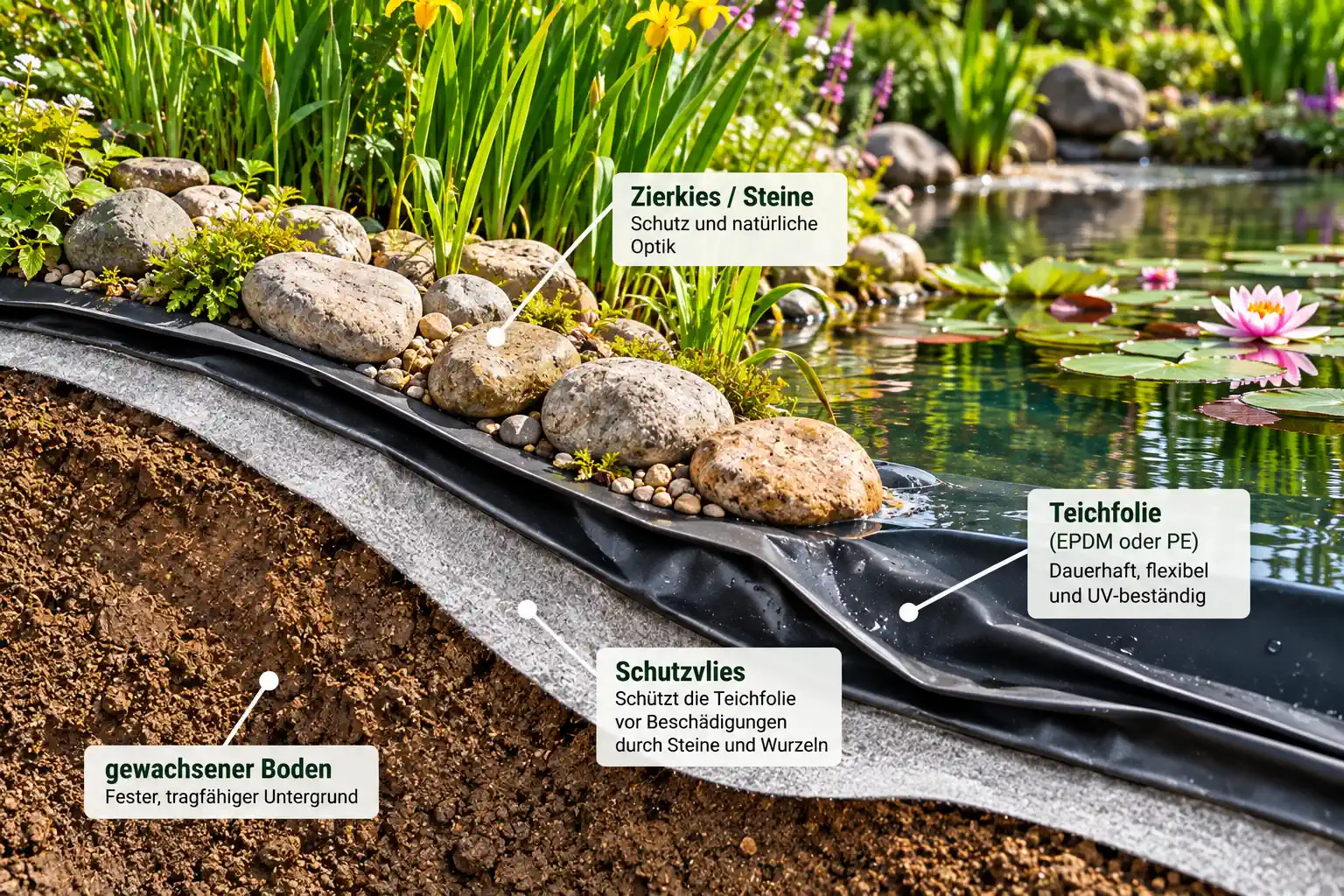SCHEMA: Erdreich → Schutzvlies → Teichfolie → Substrat/Kies