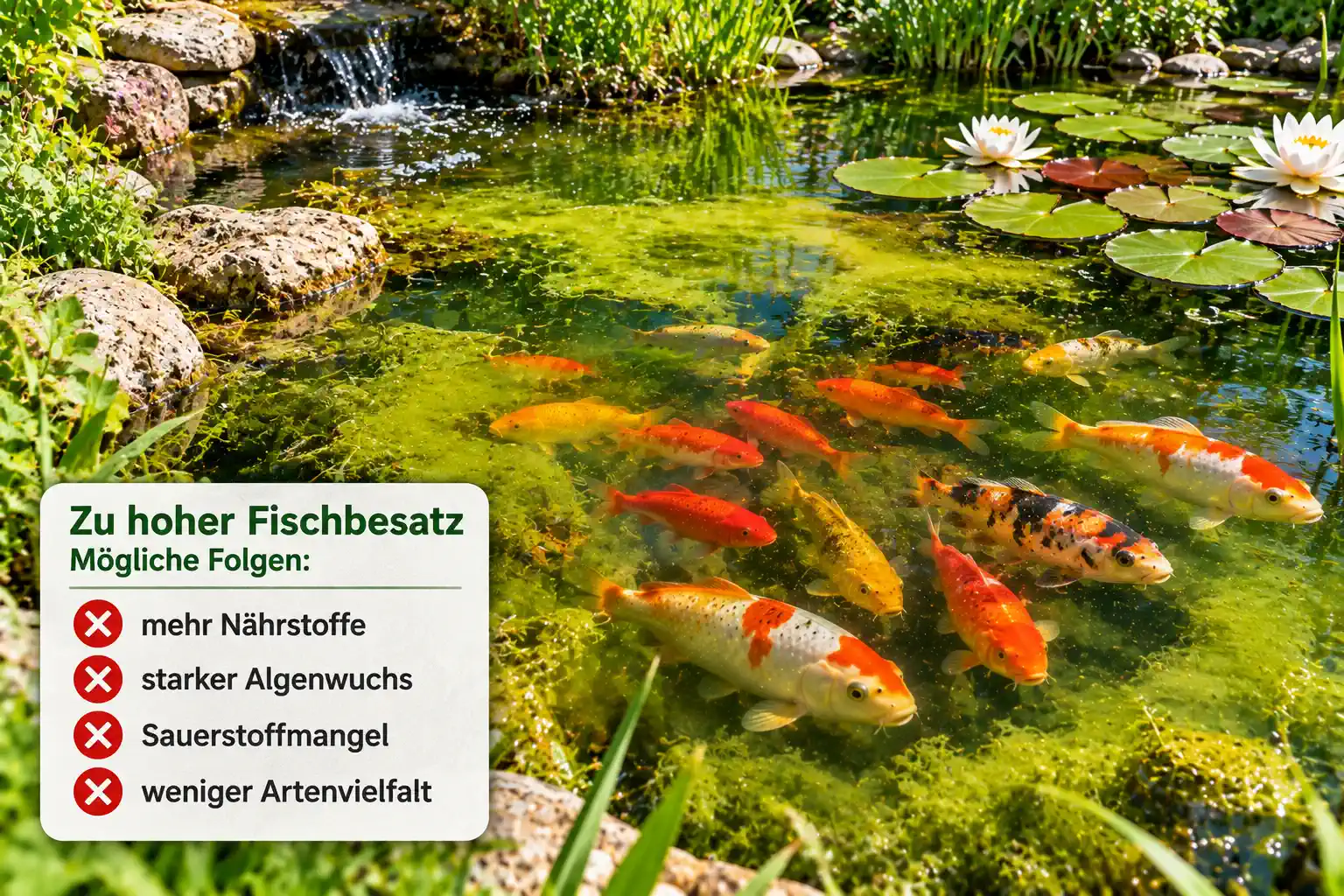 ÜBERBESATZ: Viele Fische, trüberes Wasser und beginnendes Algenwachstum