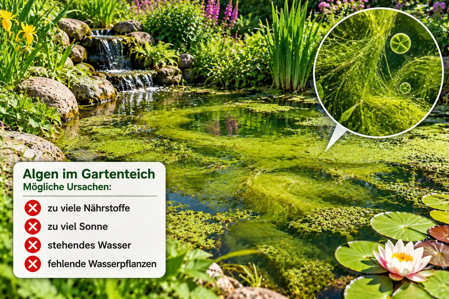 ALGEN: Fadenalgen im Gartenteich, teilweise mit Kescher entnommen