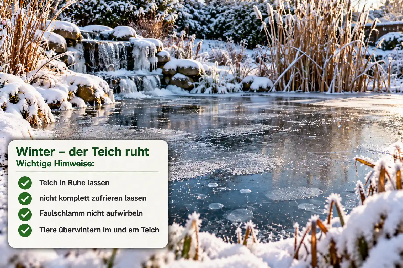 WINTER: Verschneiter Gartenteich mit teilweise vereister Wasseroberfläche