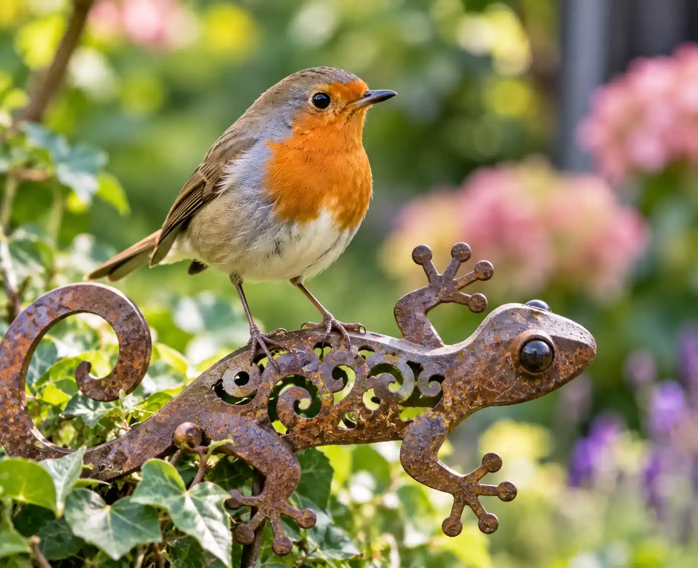 Rotkehlchen auf Gartendeko