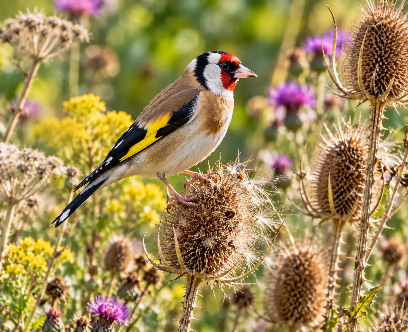 Stieglitz auf Disteln im Garten